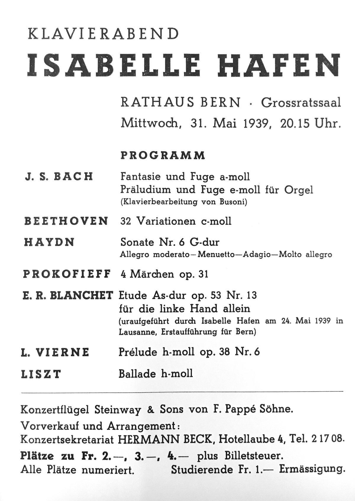 Carte Concert 1939 - Isabelle Hafen